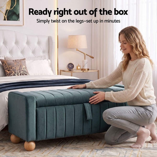 Artiss Storage Ottoman Bench Velvet Blanket Box Stool Footrest Ball Feet Green Awezingly