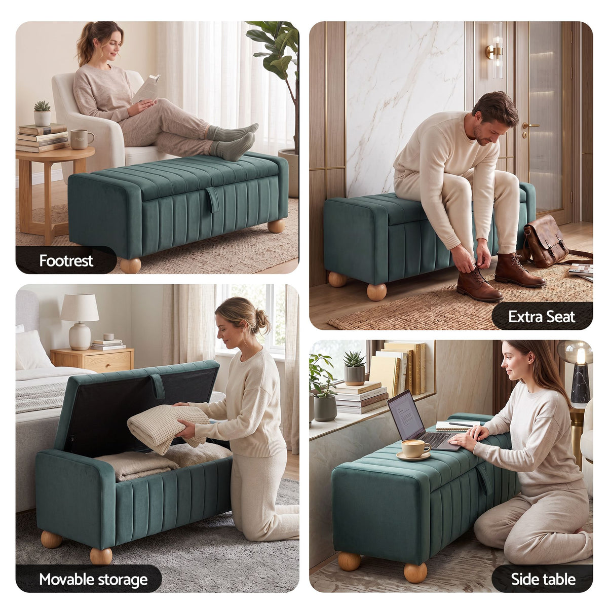 Artiss Storage Ottoman Bench Velvet Blanket Box Stool Footrest Ball Feet Green Awezingly