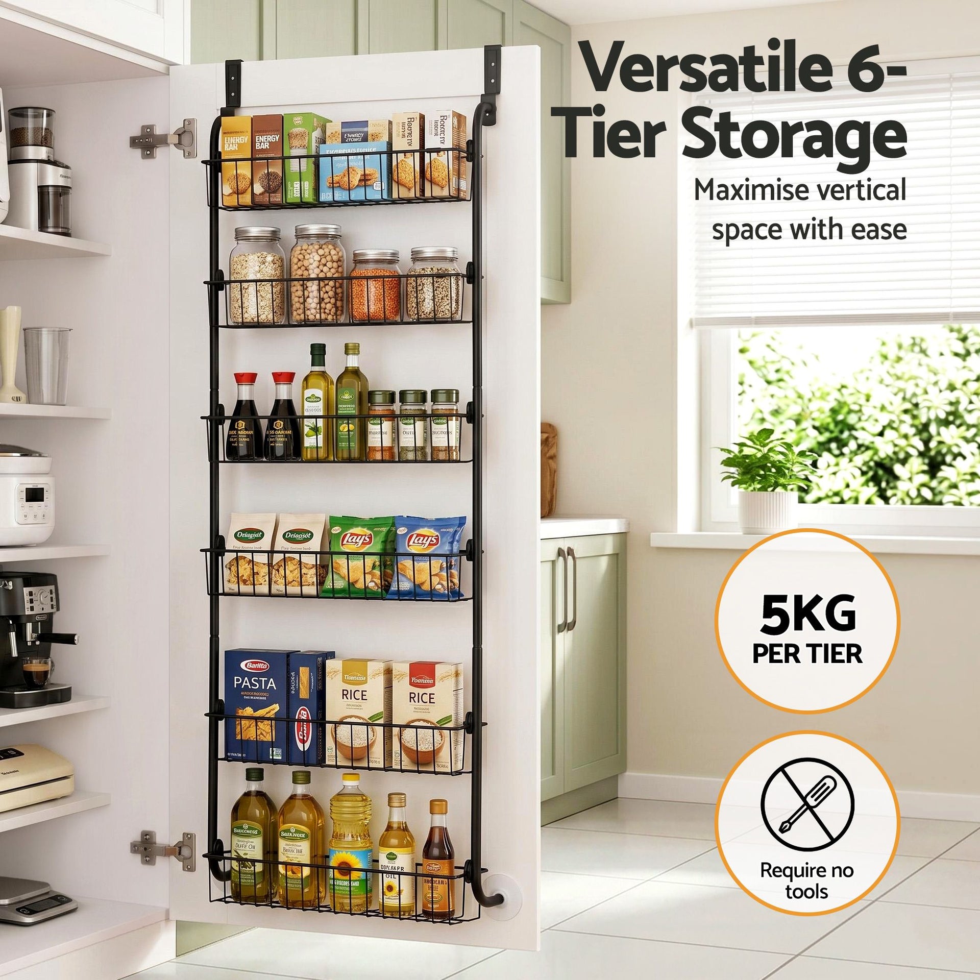 Artiss Over Door Storage Hanger Pantry 6-Tier Metal Hook Hanging Organiser Black Awezingly