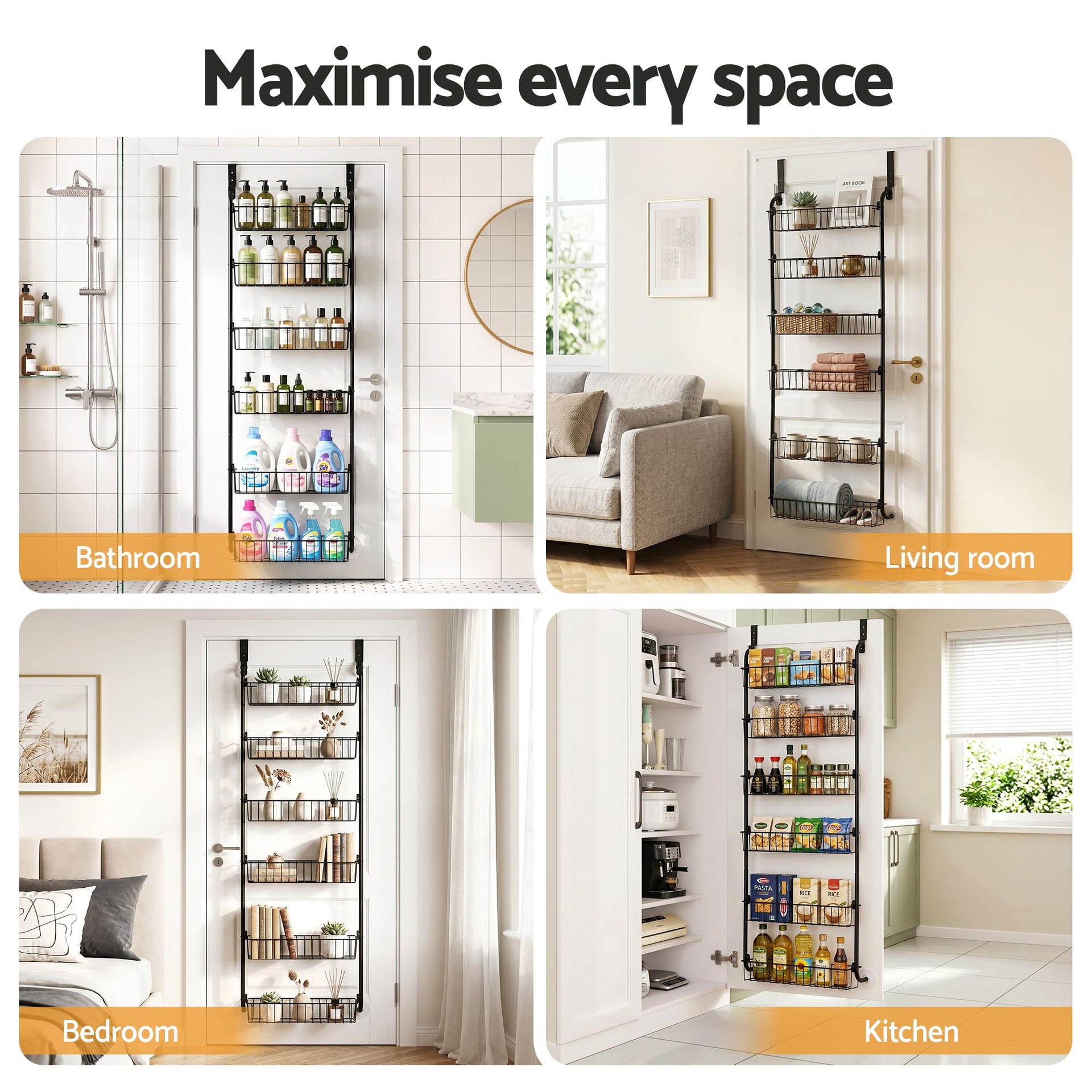 Artiss Over Door Storage Hanger Pantry 6-Tier Metal Hook Hanging Organiser Black Awezingly