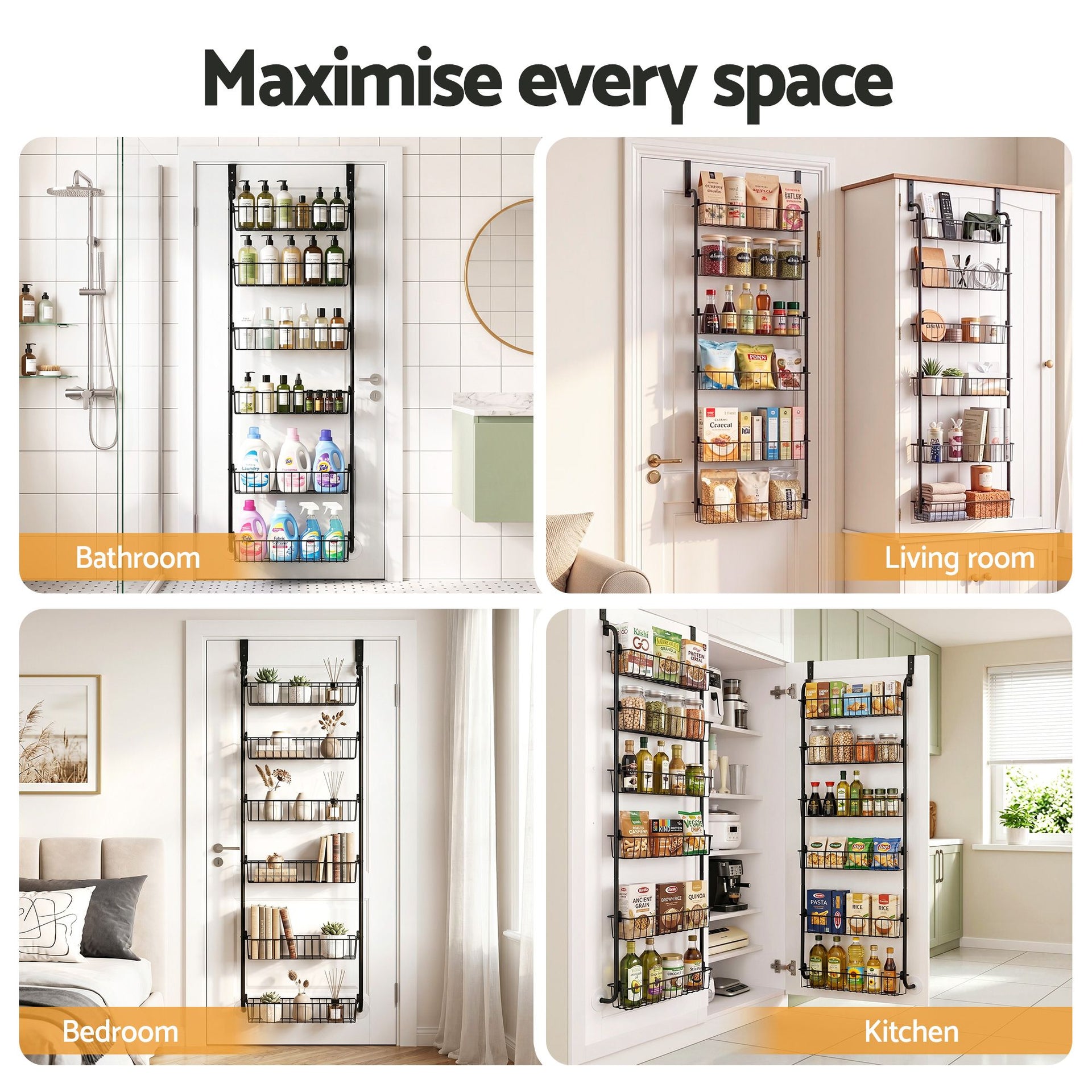 Artiss 2x Over Door Storage Pantry Organiser 6-Tier Metal Hanger Hook Black Awezingly