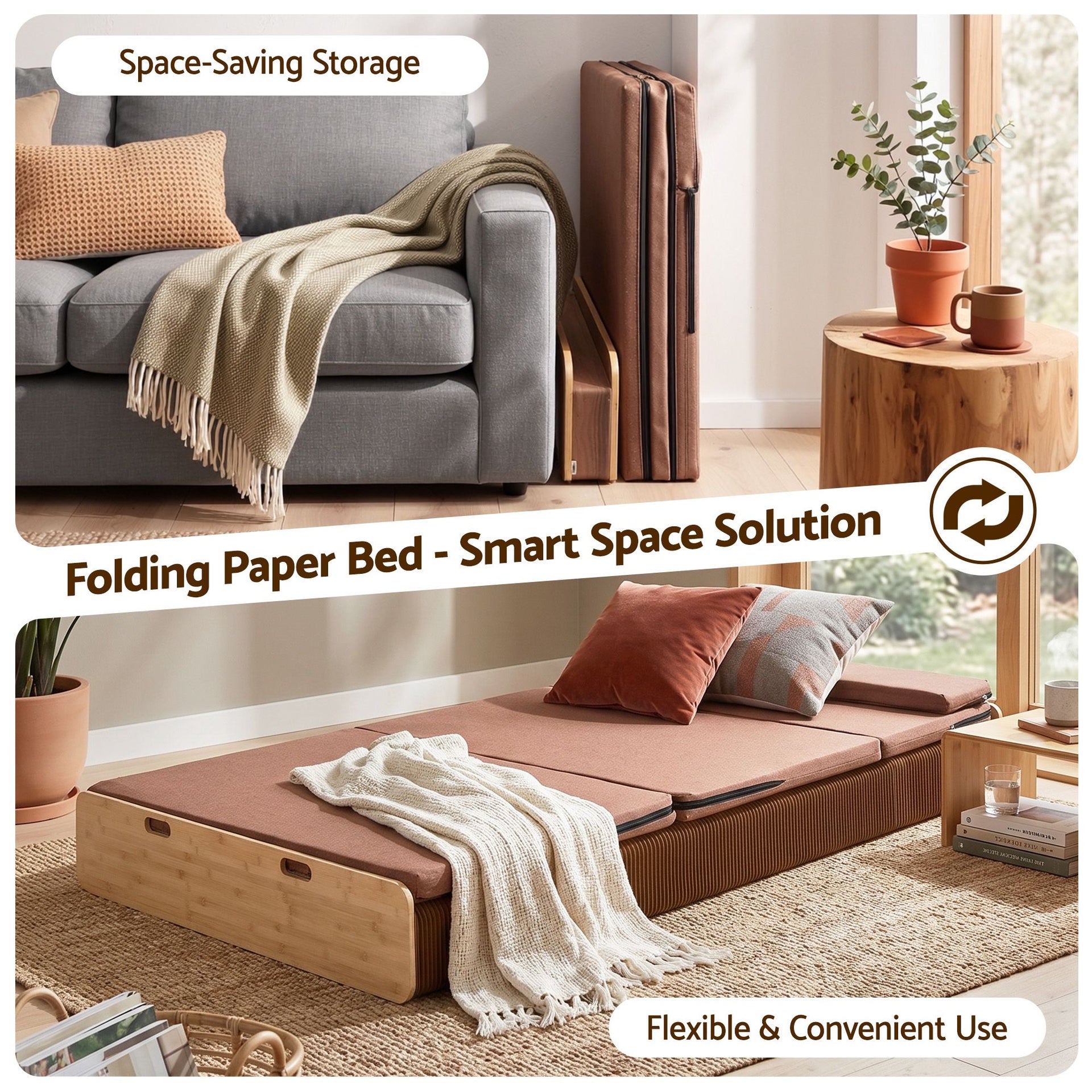 Artiss Folding Kraft Paper Bed Frame with Mattress and Pillow 300kg Capacity 200x120cm Awezingly