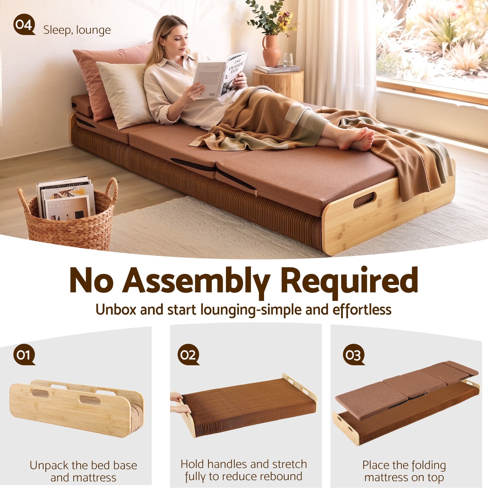Artiss Folding Kraft Paper Bed Frame with Mattress and Pillow 300kg Capacity 200x60cm Awezingly