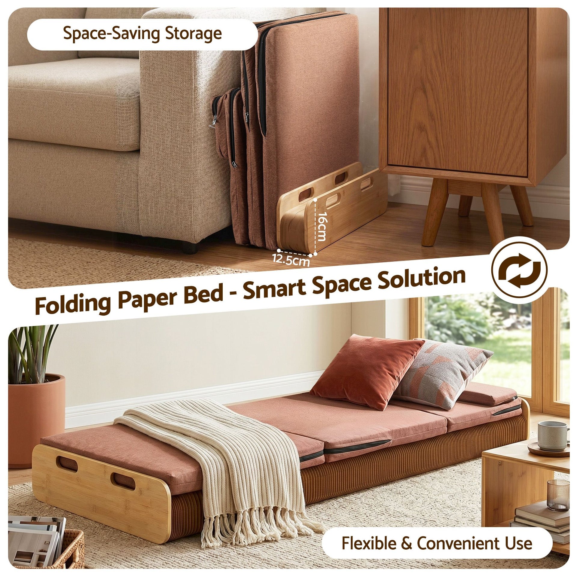 Artiss Folding Kraft Paper Bed Frame with Mattress and Pillow 300kg Capacity 200x60cm Awezingly