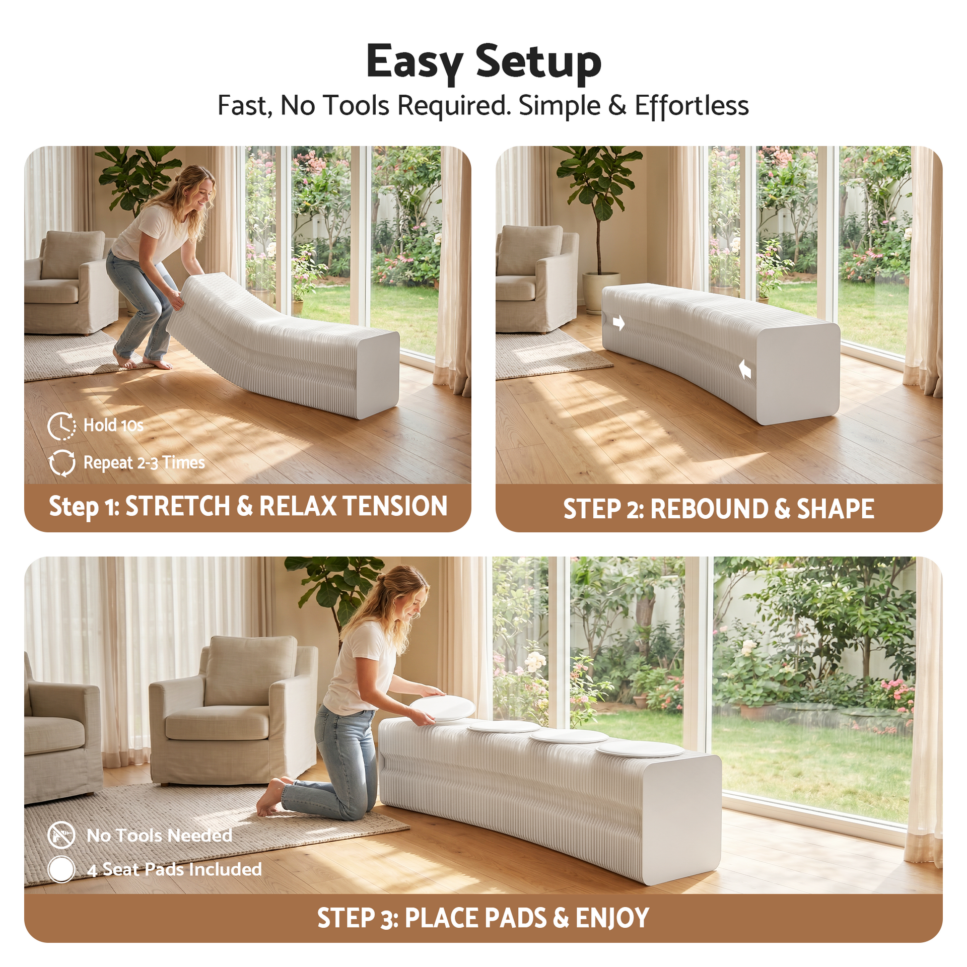 Artiss Folding Paper Bench With 4 PU Leather Seat Pads Expandable Accordion Stool For 4 Seats Awezingly