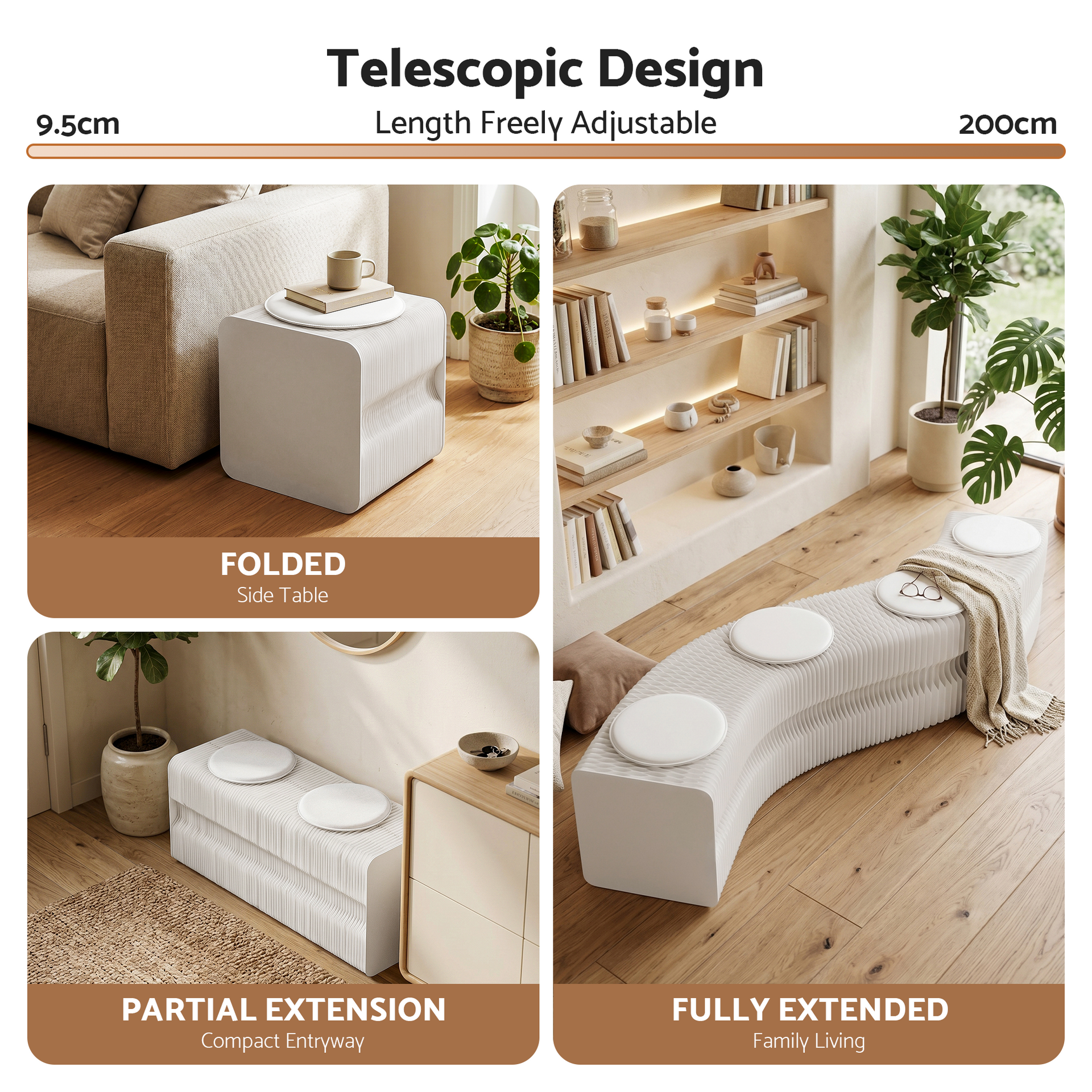 Artiss Folding Paper Bench With 4 PU Leather Seat Pads Expandable Accordion Stool For 4 Seats Awezingly