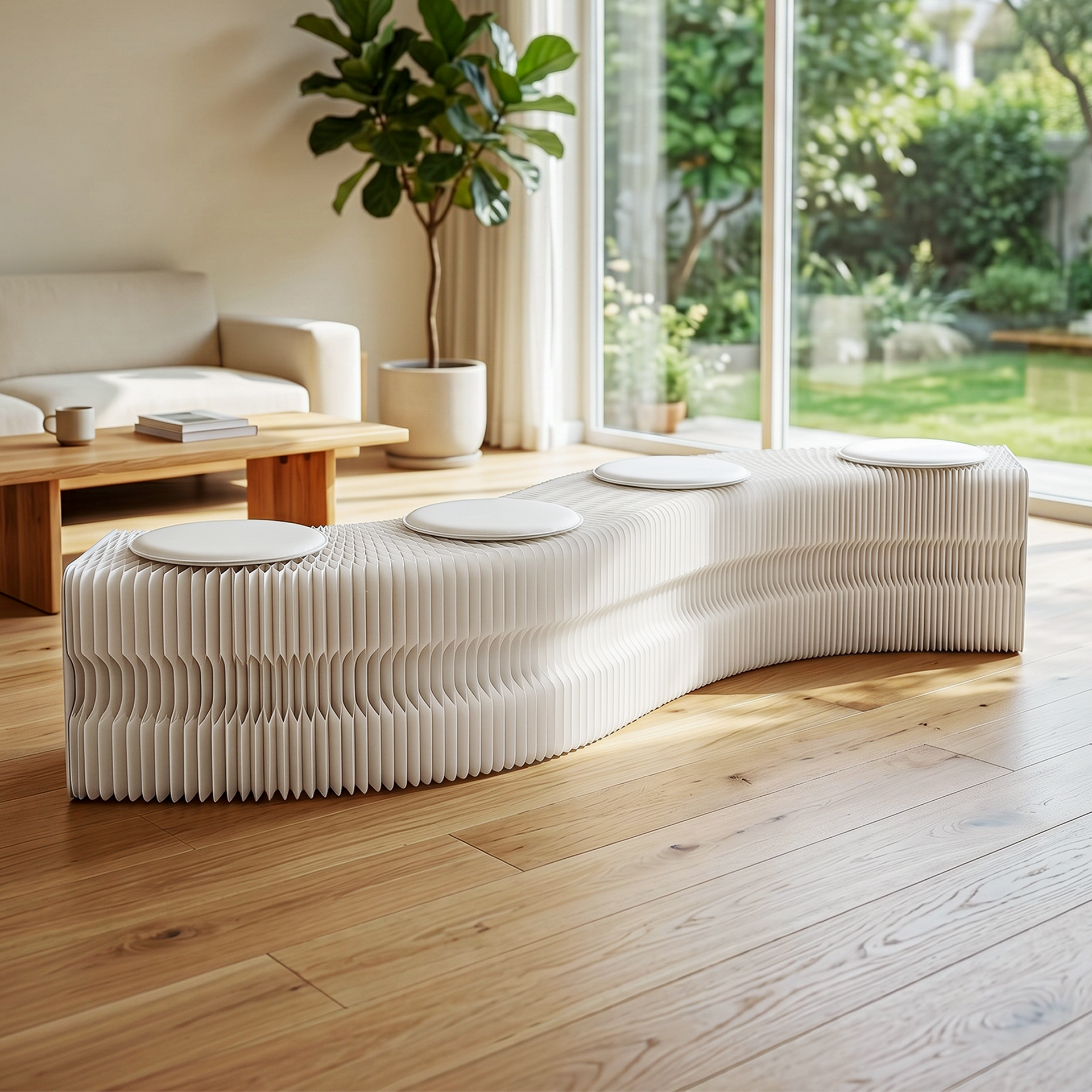 Artiss Folding Paper Bench With 4 PU Leather Seat Pads Expandable Accordion Stool For 4 Seats Awezingly