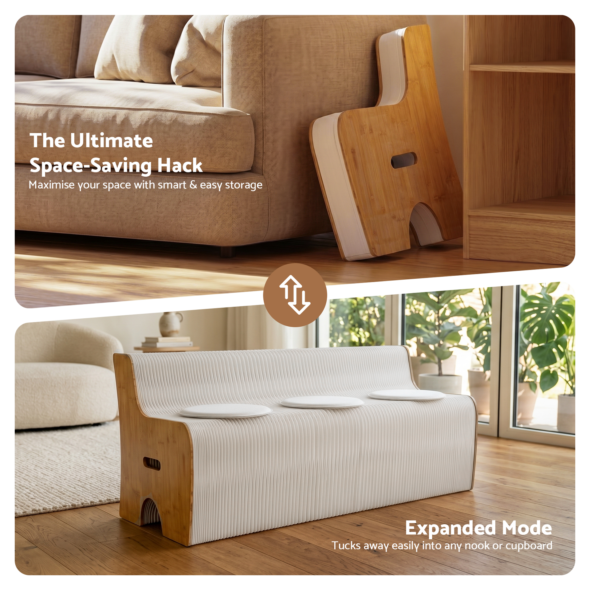Artiss Folding Kraft Paper Sofa 3 Seater Accordion Bench with PU Leather Cushion Collapsible Couch 300kg Capacity 150x59x63cm Awezingly