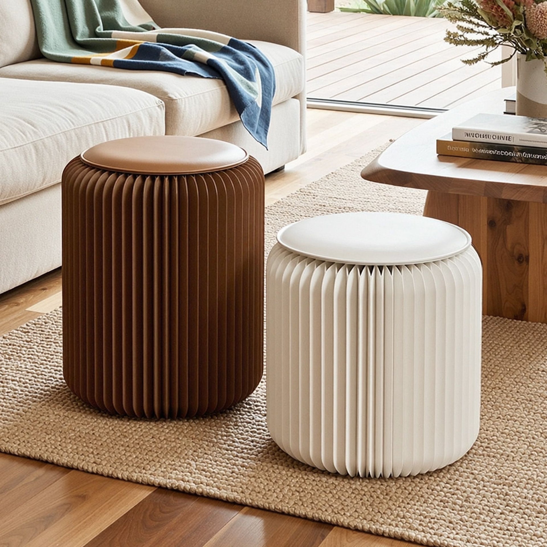 Artiss Accordion Folding Paper Stools Set Includes 2 Cushions Natural Kraft 100KG Capacity Awezingly