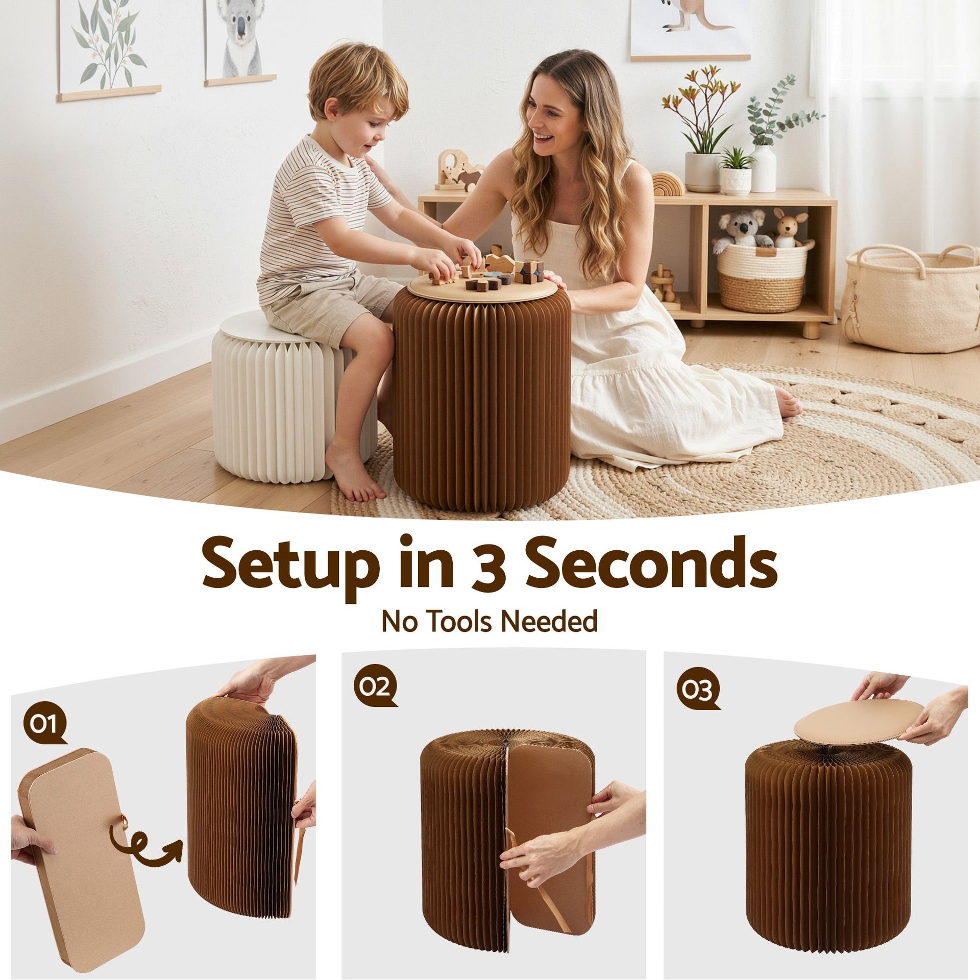 Artiss Accordion Folding Paper Stools Set Includes 2 Cushions Natural Kraft 100KG Capacity Awezingly