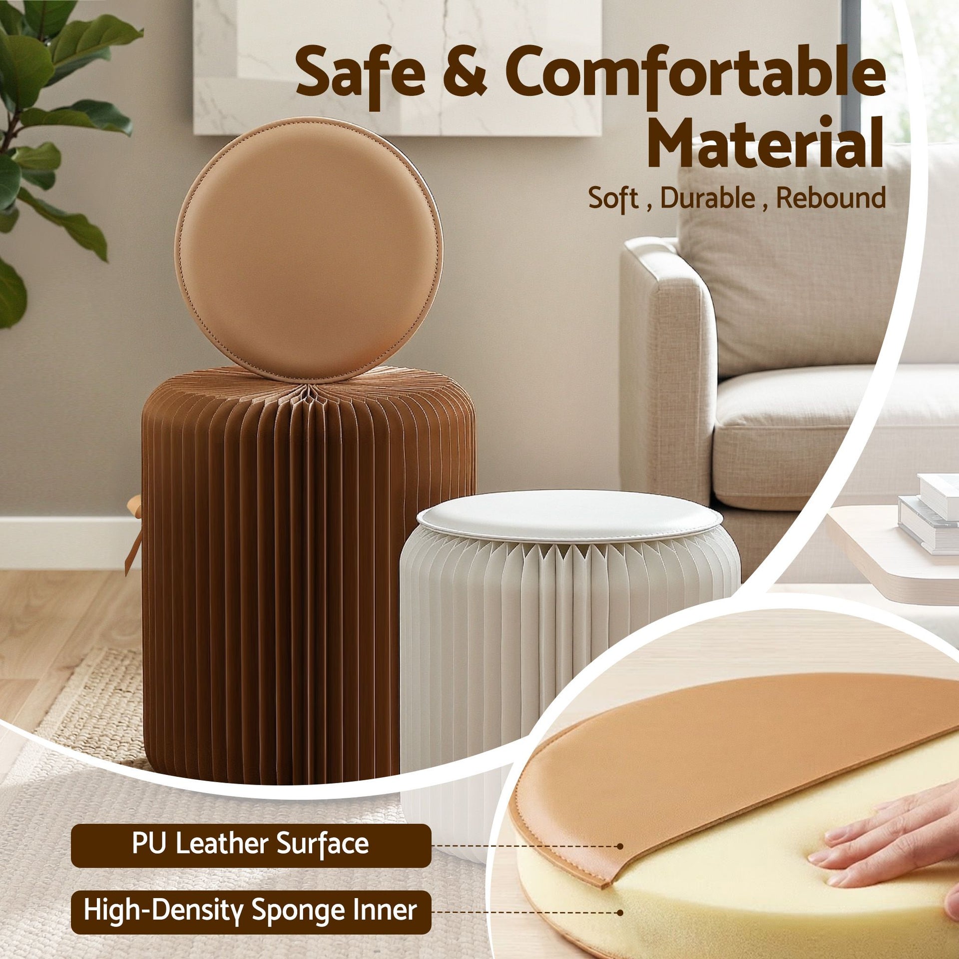 Artiss Accordion Folding Paper Stools Set Includes 2 Cushions Natural Kraft 100KG Capacity Awezingly
