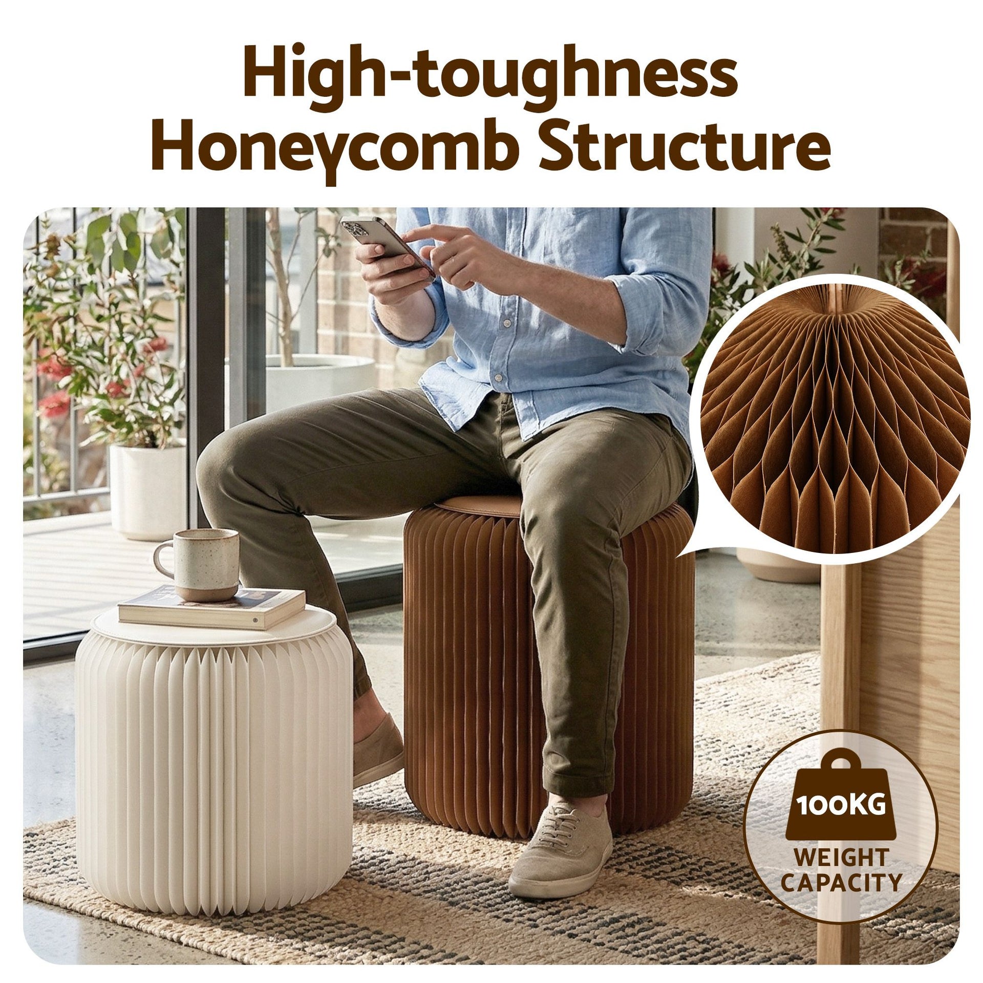 Artiss Accordion Folding Paper Stools Set Includes 2 Cushions Natural Kraft 100KG Capacity Awezingly