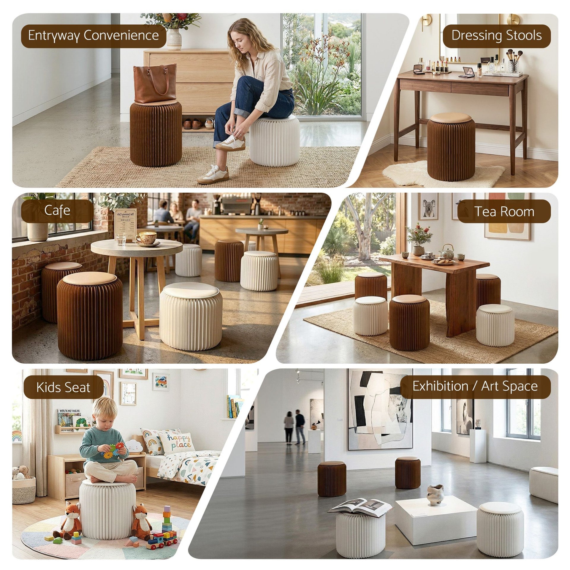 Artiss Accordion Folding Paper Stools Set Includes 2 Cushions Natural Kraft 100KG Capacity Awezingly