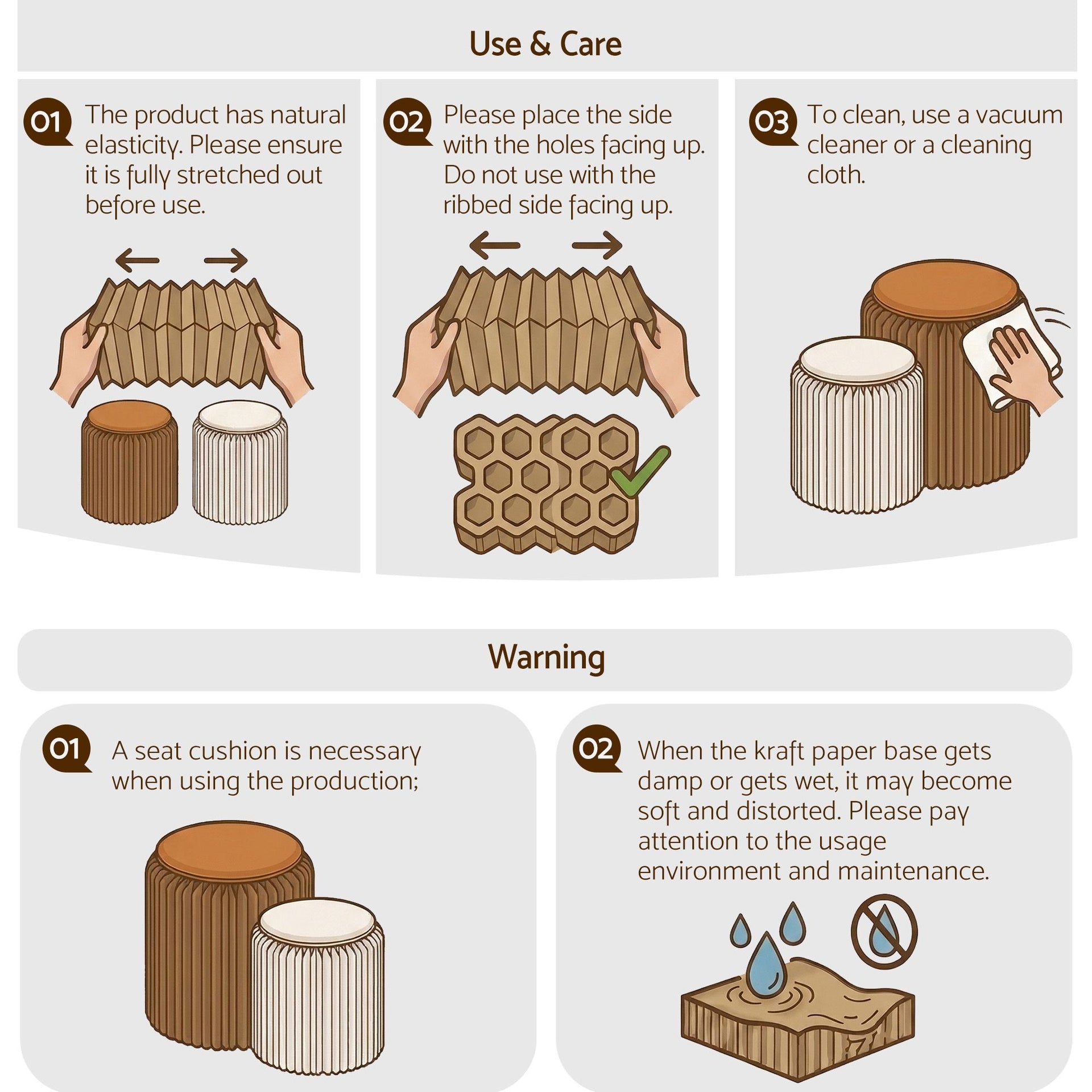 Artiss Accordion Folding Paper Stools Set Includes 2 Cushions Natural Kraft 100KG Capacity Awezingly