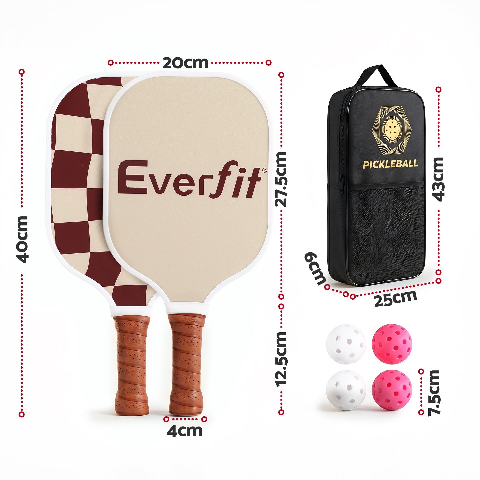 Everfit Pickleball Paddle Set Fibreglass Racquet Honeycomb Core With Bag Brown Awezingly
