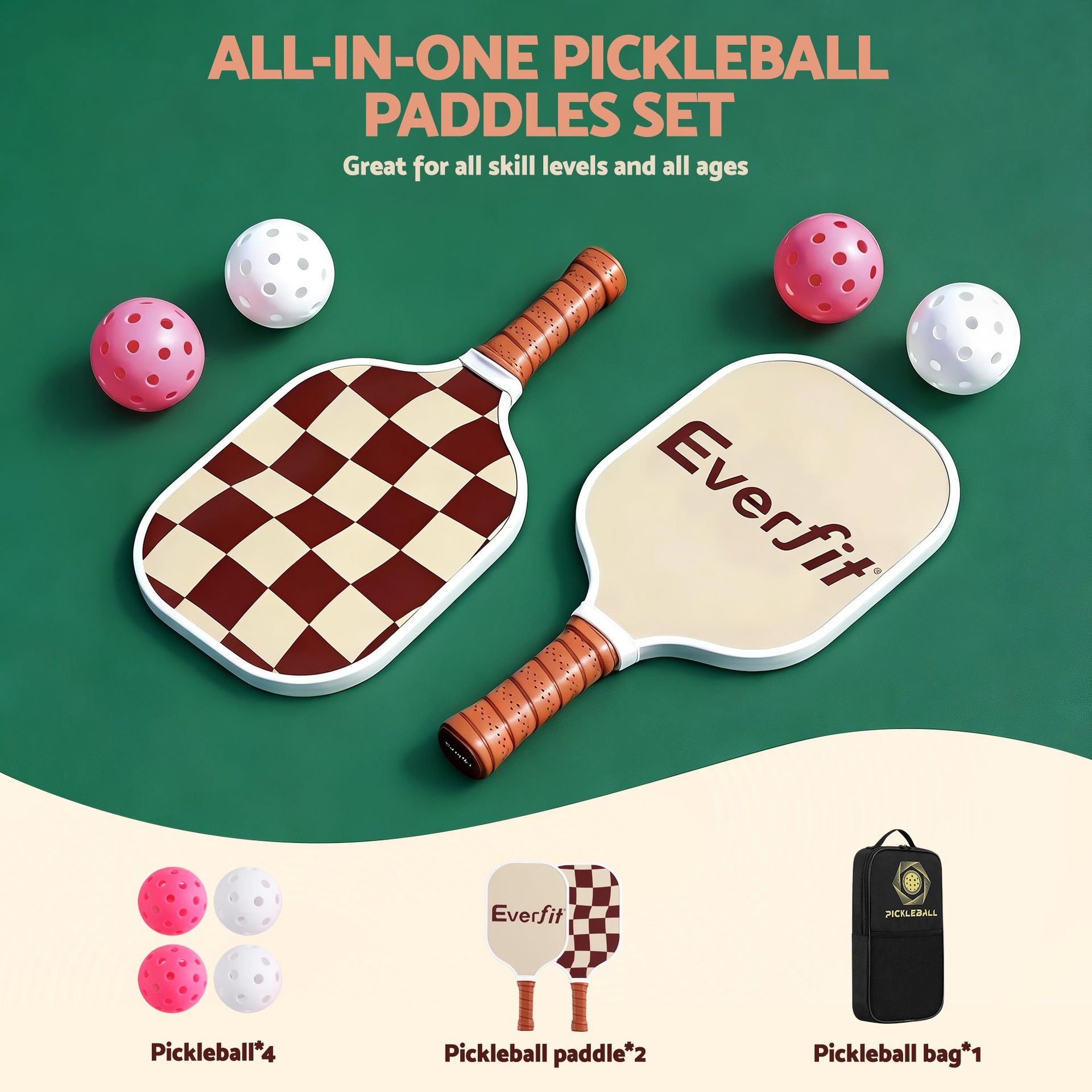 Everfit Pickleball Paddle Set Fibreglass Racquet Honeycomb Core With Bag Brown Awezingly