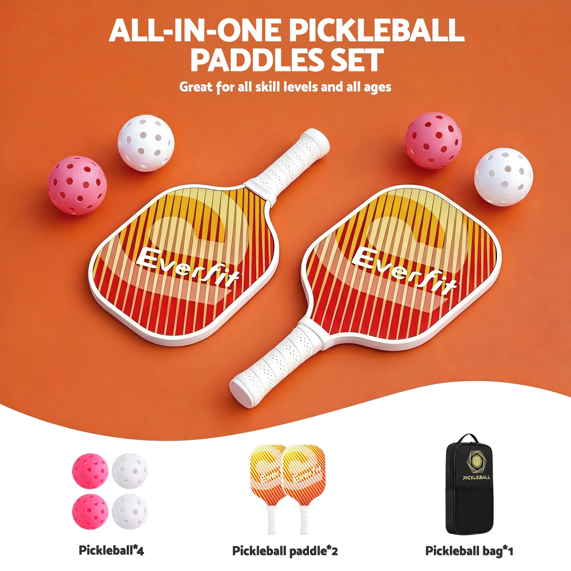 Everfit Pickleball Paddle Set Fibreglass Racquet Honeycomb Core With Bag Orange Awezingly