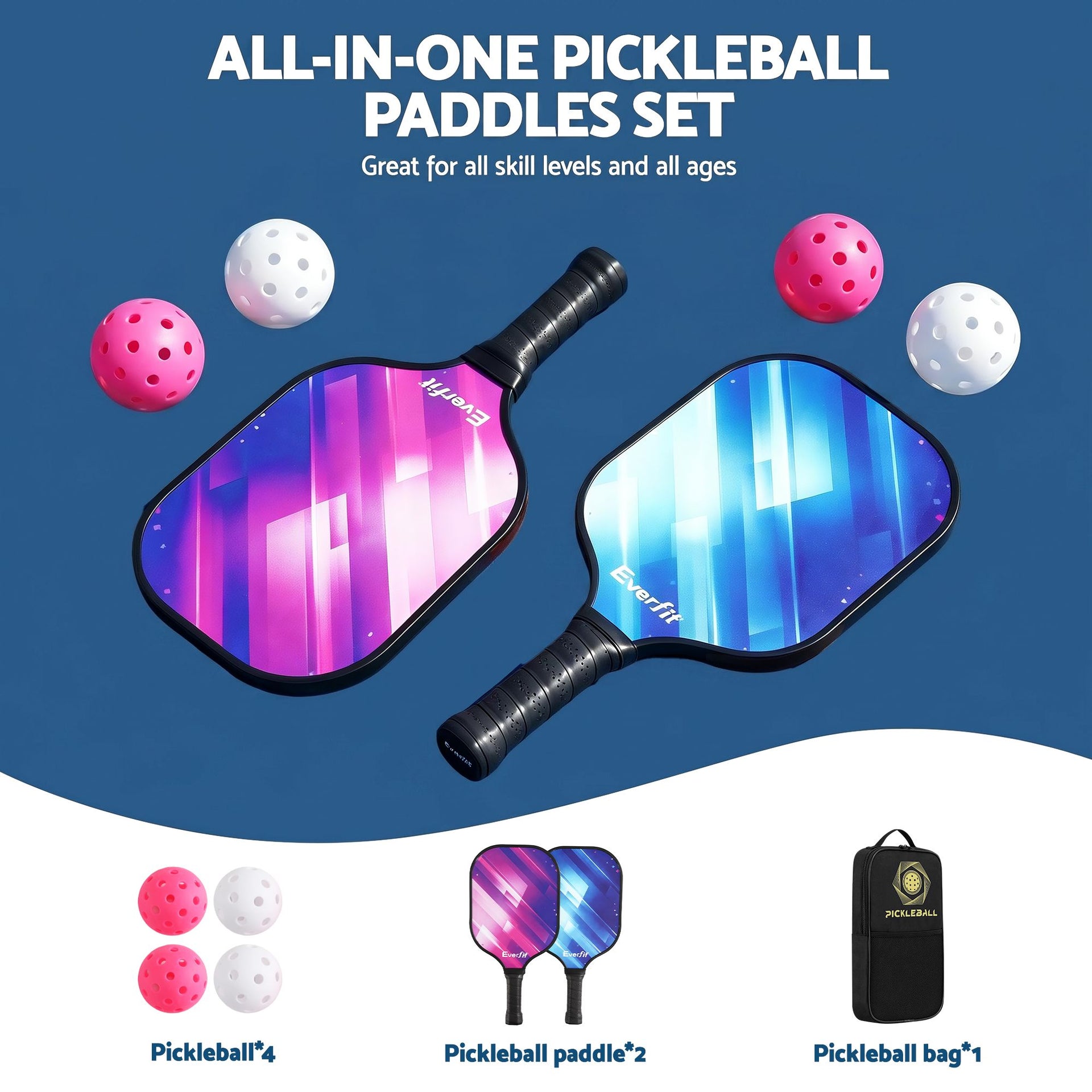Everfit Pickleball Paddle Set Fibreglass Racquet Honeycomb Core With Bag Awezingly