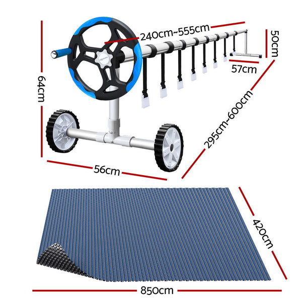 Aquabuddy Pool Cover 600 Micron 8.5x4.2m w/ Blue Roller 5.55m Black Solar Blanket Aquabuddy
