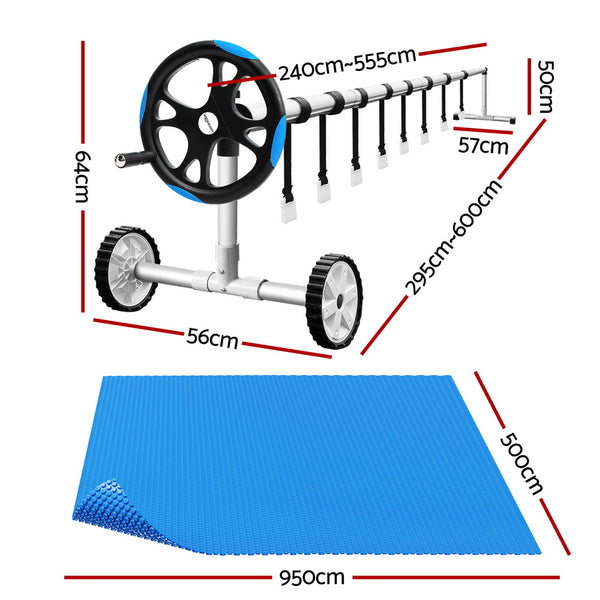 Aqua Buddy Pool Cover 600 Micron Solar Heat 9.5x5m Blanket w/ 5.55m Roller Blue Awezingly