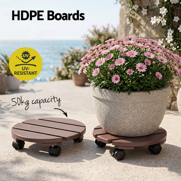 Gardeon 2PC Plant Carts HDPE Plant Caddy With Lockable Wheels Rolling Brown Gardeon