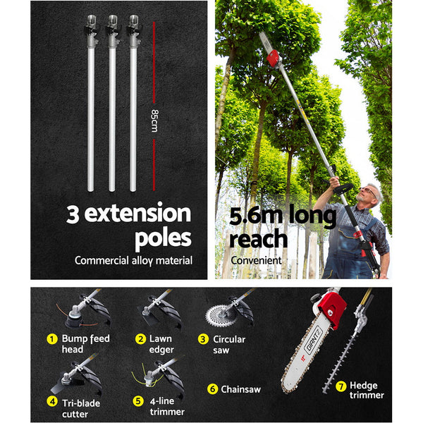Giantz 62CC Pole Chainsaw Hedge Trimmer Brush Cutter Whipper 7-in-1 5.6m Red Awezingly