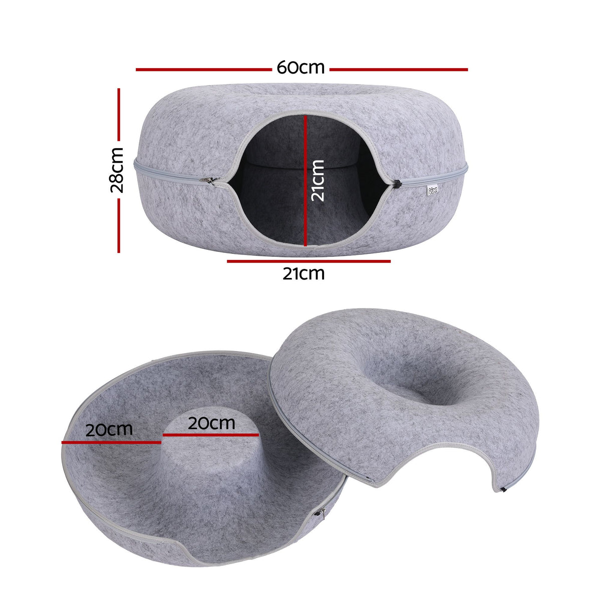 i.Pet Cat Bed with Tunnel 60x28CM Donut Felt Cave Hideaway Detachable Grey Awezingly