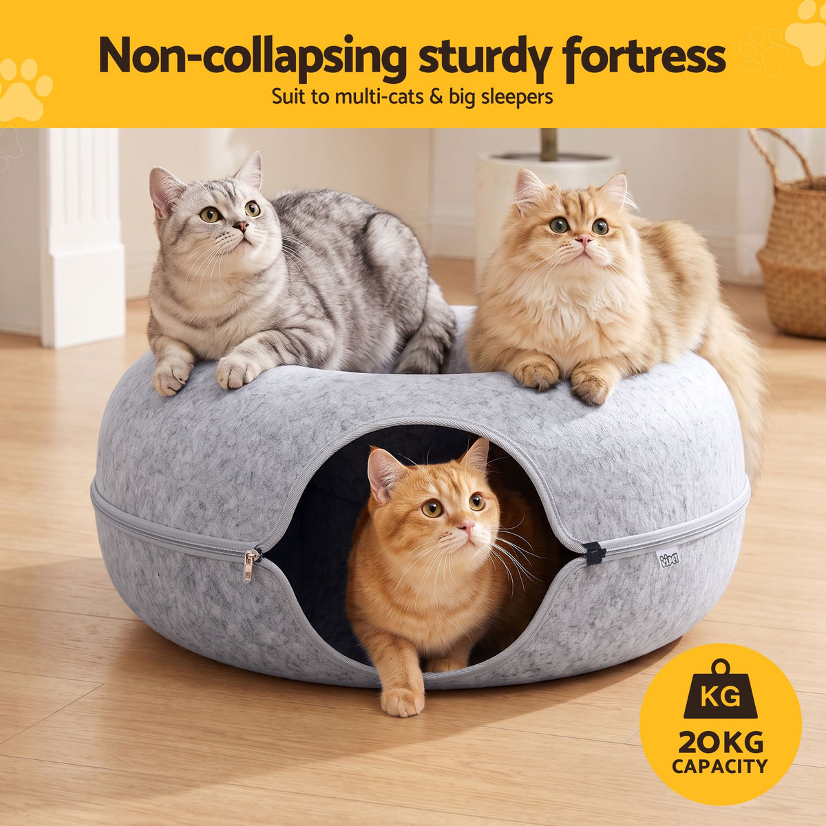 i.Pet Cat Bed with Tunnel 60x28CM Donut Felt Cave Hideaway Detachable Grey Awezingly