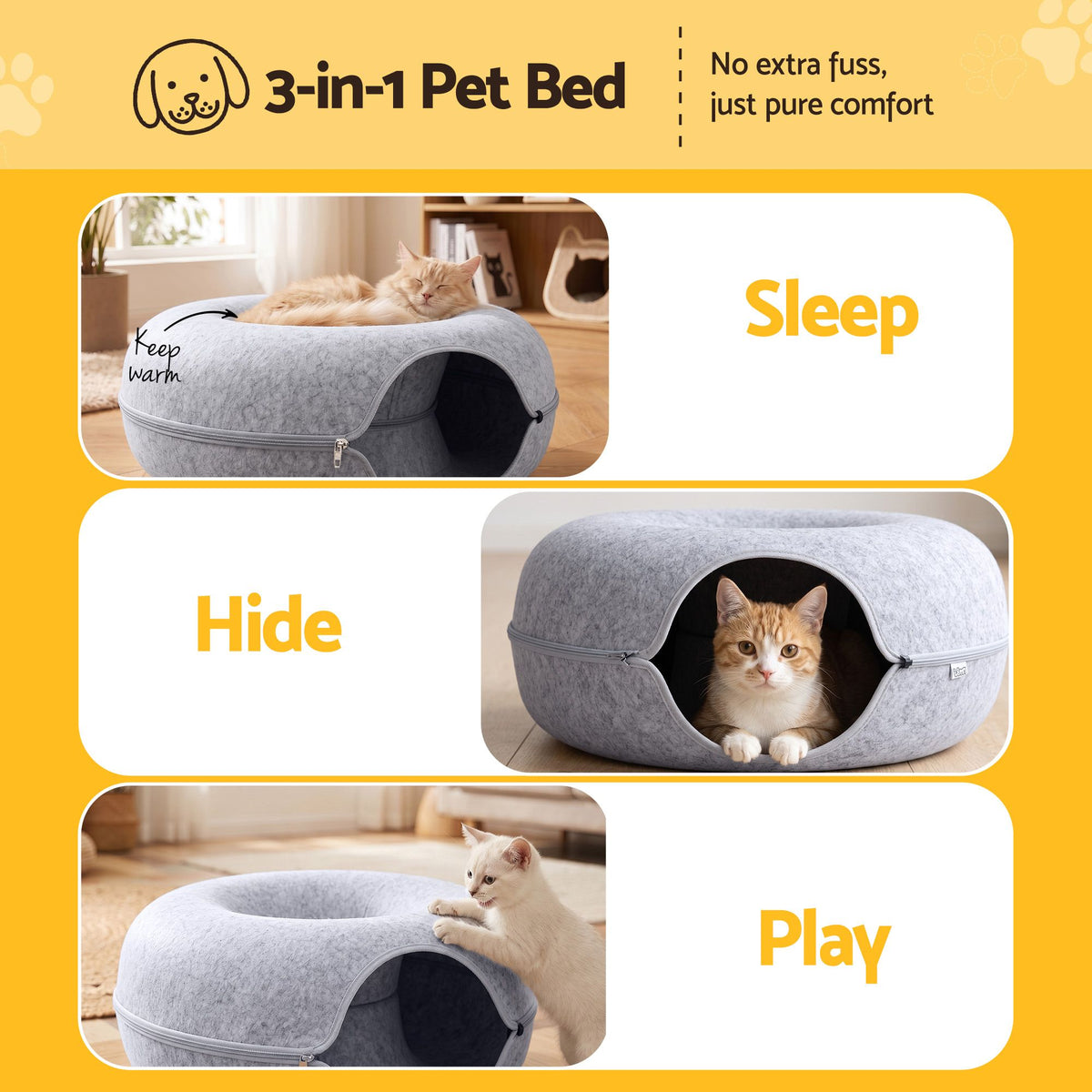 i.Pet Cat Bed with Tunnel 60x28CM Donut Felt Cave Hideaway Detachable Grey Awezingly