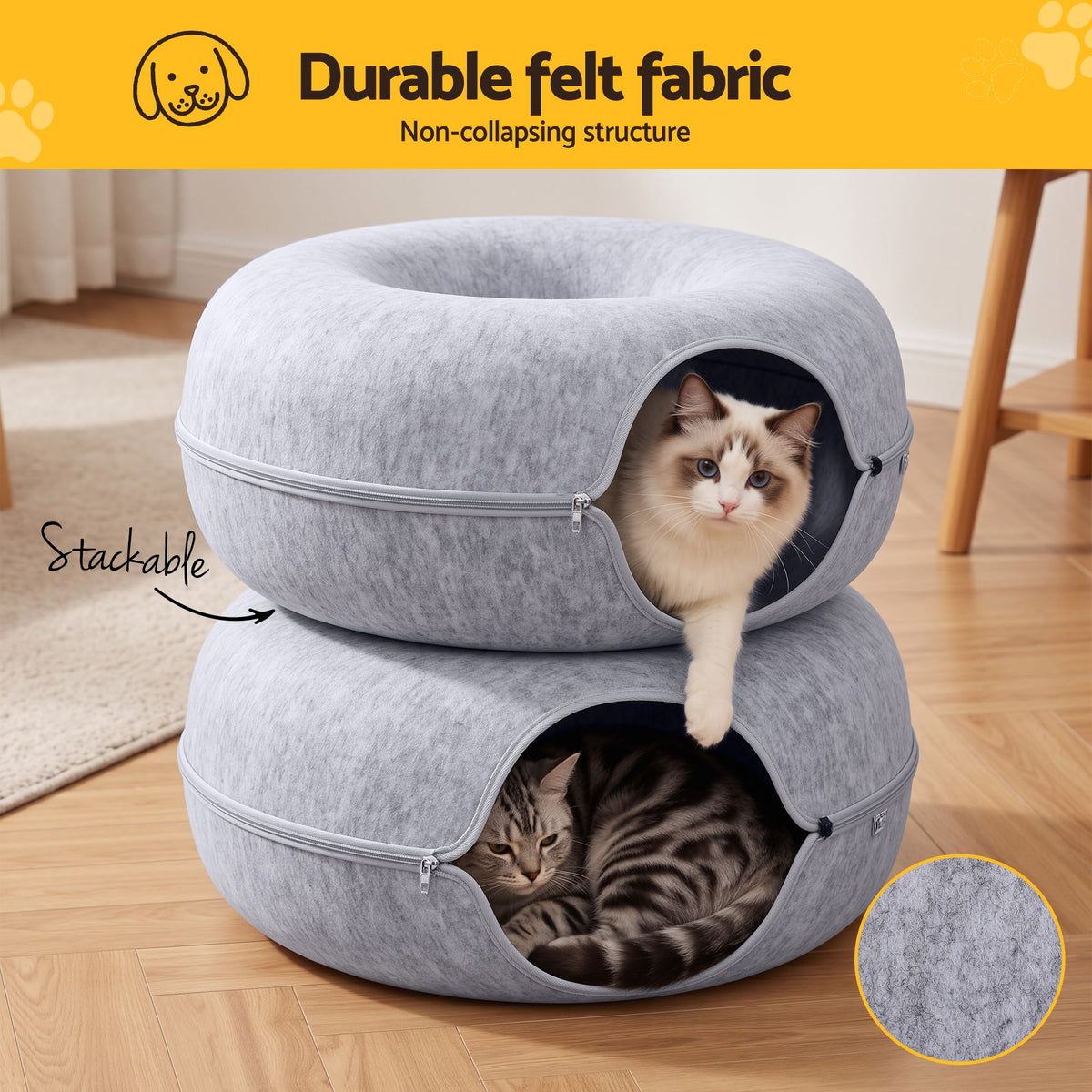 i.Pet Cat Bed with Tunnel 60x28CM Donut Felt Cave Hideaway Detachable Grey Awezingly