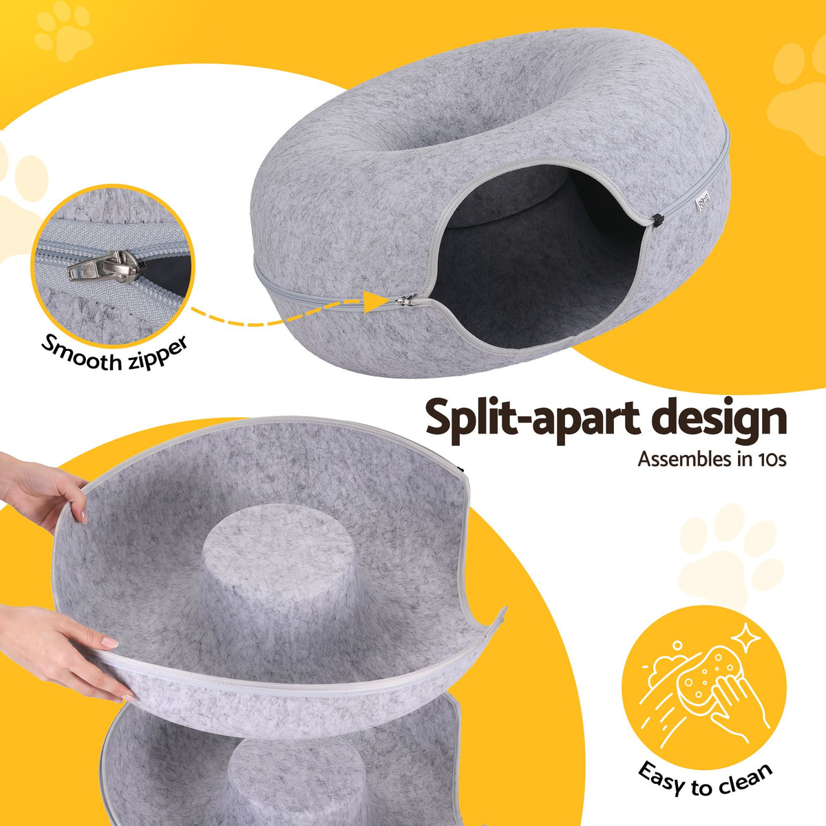 i.Pet Cat Bed with Tunnel 60x28CM Donut Felt Cave Hideaway Detachable Grey Awezingly