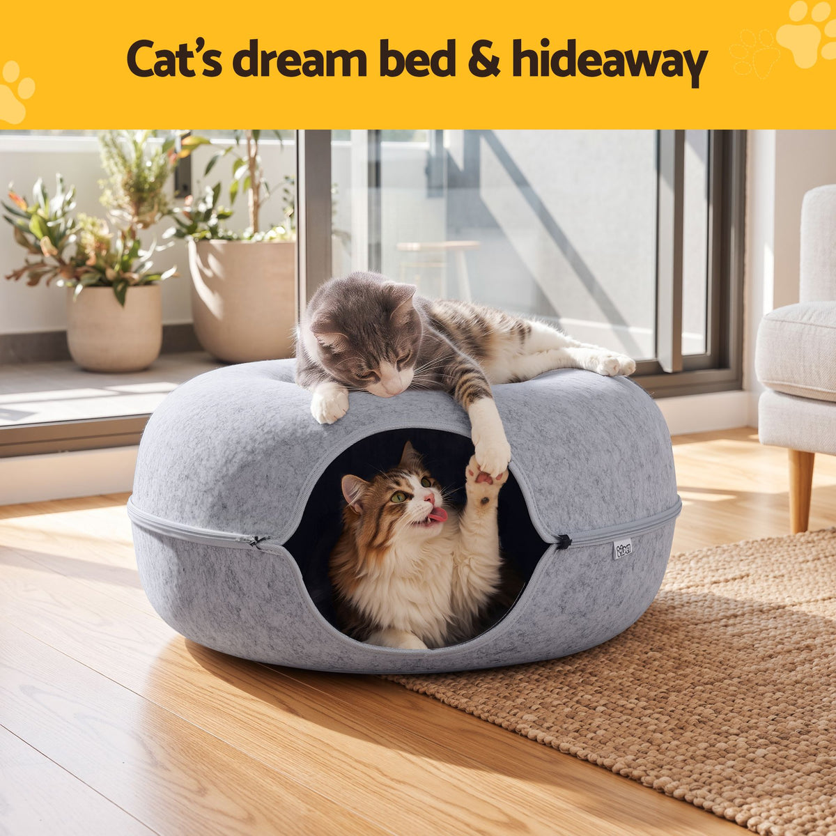 i.Pet Cat Bed with Tunnel 60x28CM Donut Felt Cave Hideaway Detachable Grey Awezingly