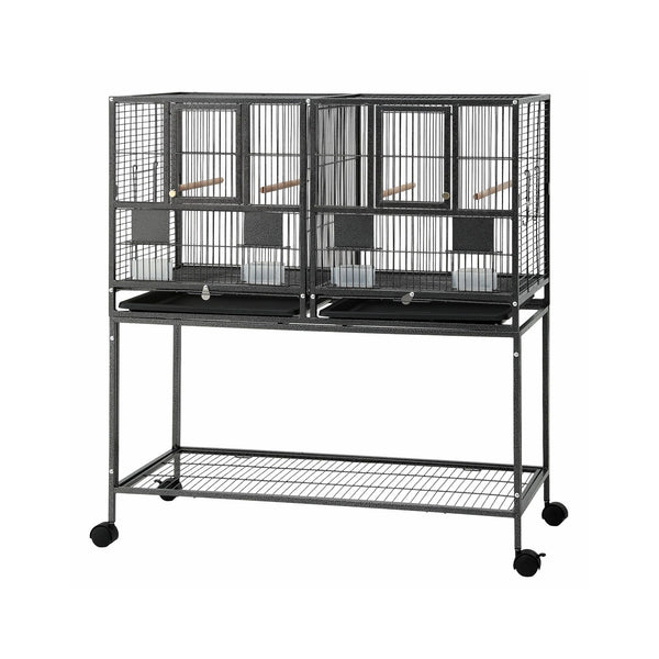 i.Pet 106cm 2-in-1 Bird Cage Aviary with Divider Parrot Budgie Wheels Black Awezingly