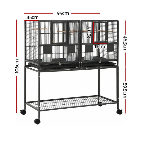i.Pet 106cm 2-in-1 Bird Cage Aviary with Divider Parrot Budgie Wheels Black Awezingly