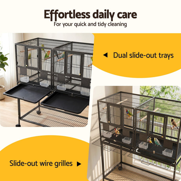 i.Pet 106cm 2-in-1 Bird Cage Aviary with Divider Parrot Budgie Wheels Black Awezingly