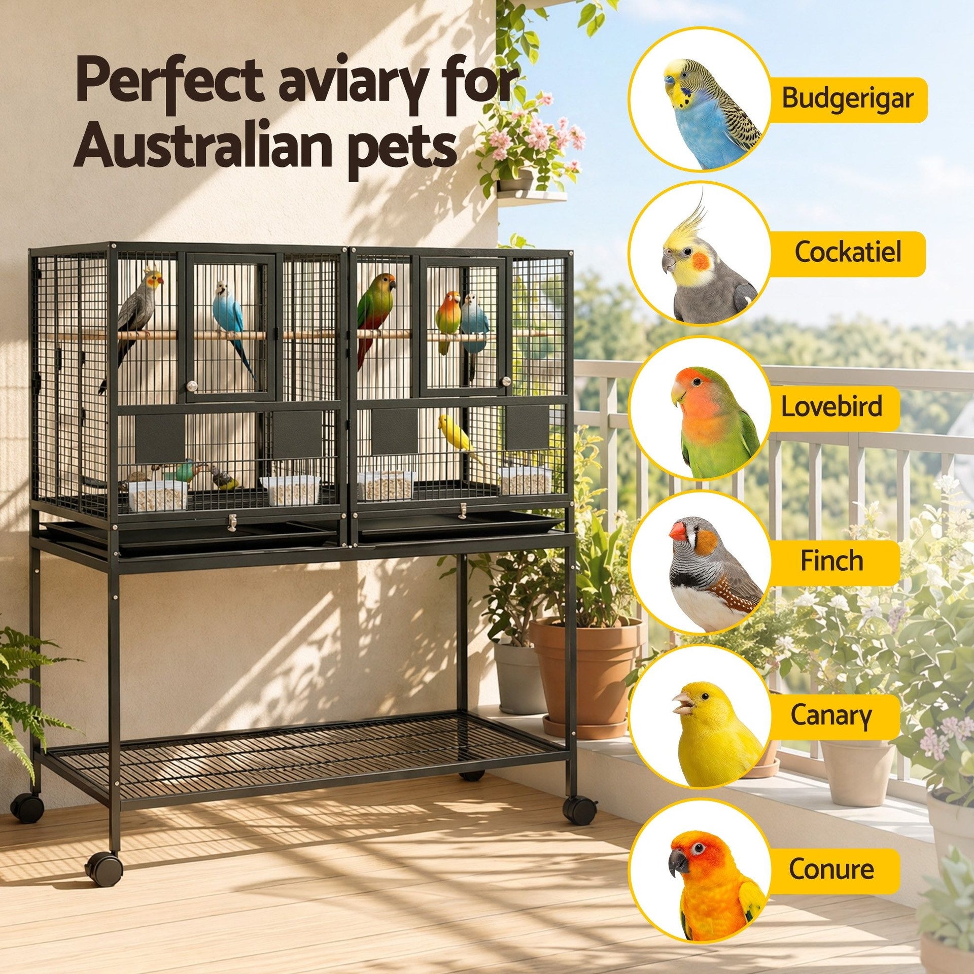 i.Pet 106cm 2-in-1 Bird Cage Aviary with Divider Parrot Budgie Wheels Black i.Pet