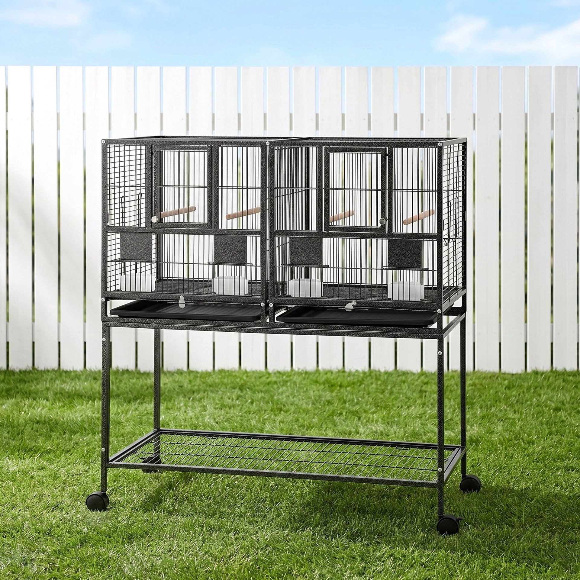 i.Pet 106cm 2-in-1 Bird Cage Aviary with Divider Parrot Budgie Wheels Black Awezingly