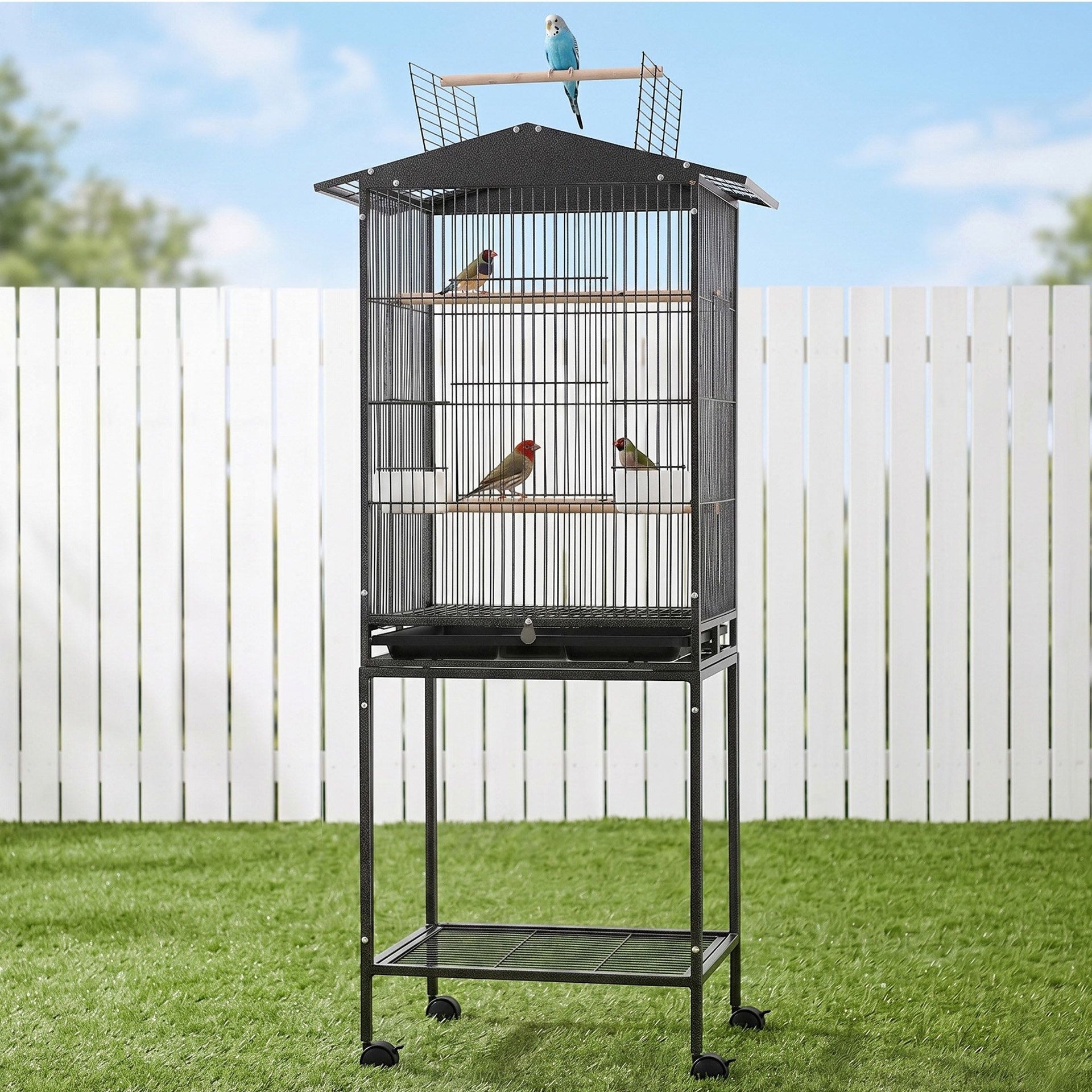 i.Pet 136cm Bird Cage Aviary Open Top Parrot Budgie Stand Wheels Black Awezingly