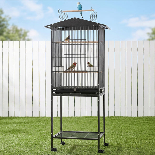 i.Pet 136cm Bird Cage Aviary Open Top Parrot Budgie Stand Wheels Black Awezingly