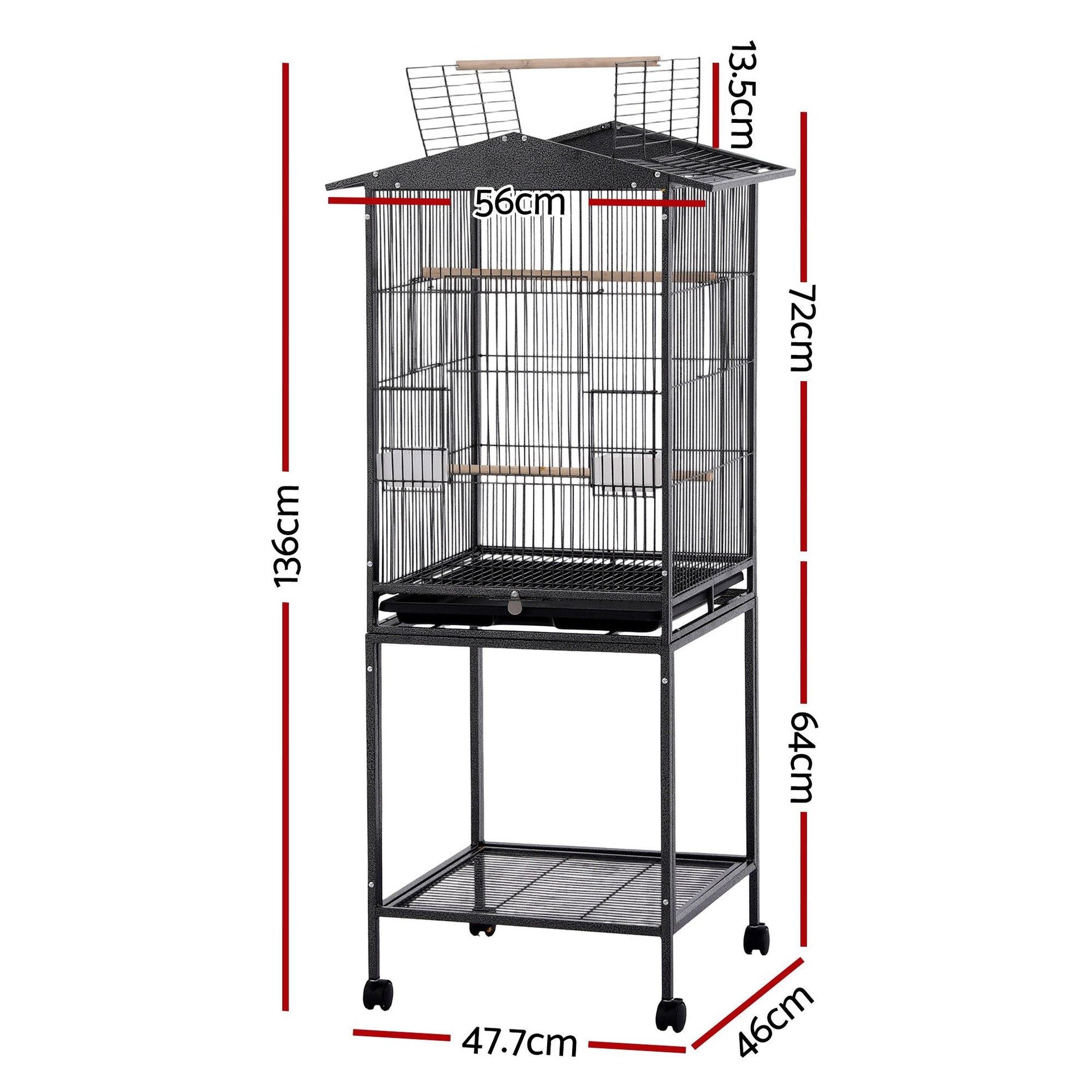 i.Pet 136cm Bird Cage Aviary Open Top Parrot Budgie Stand Wheels Black Awezingly
