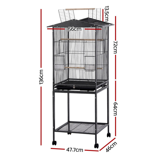 i.Pet 136cm Bird Cage Aviary Open Top Parrot Budgie Stand Wheels Black Awezingly