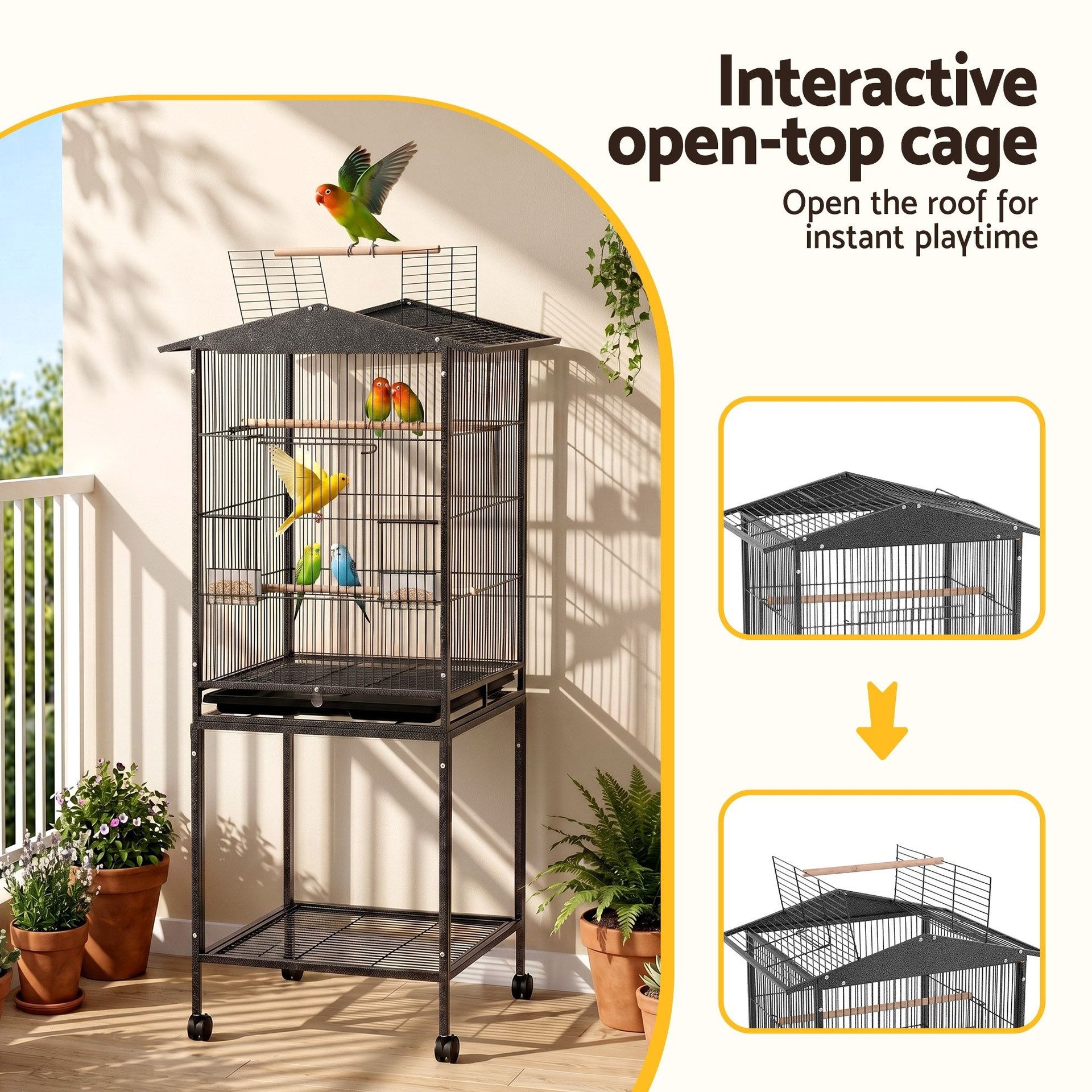 i.Pet 136cm Bird Cage Aviary Open Top Parrot Budgie Stand Wheels Black Awezingly