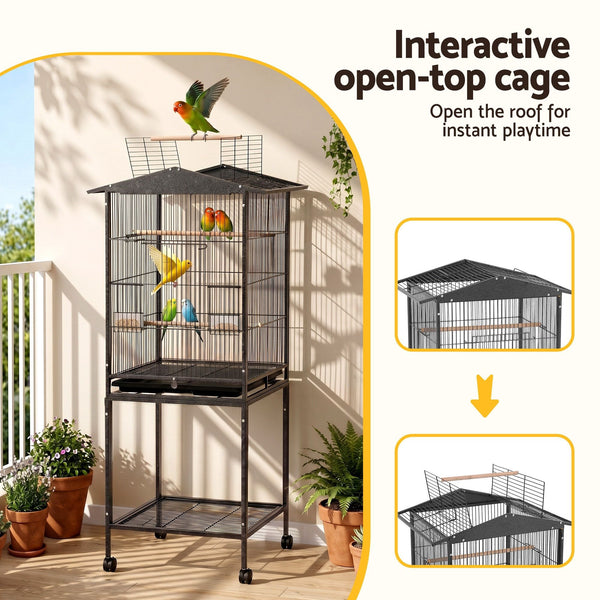 i.Pet 136cm Bird Cage Aviary Open Top Parrot Budgie Stand Wheels Black Awezingly