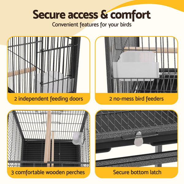 i.Pet 136cm Bird Cage Aviary Open Top Parrot Budgie Stand Wheels Black Awezingly