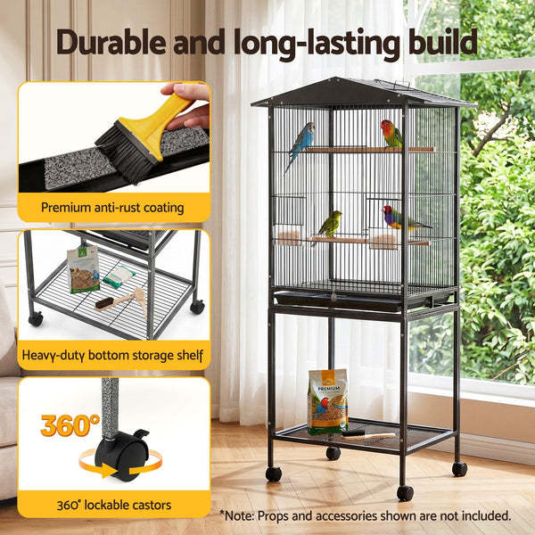 i.Pet 136cm Bird Cage Aviary Open Top Parrot Budgie Stand Wheels Black Awezingly