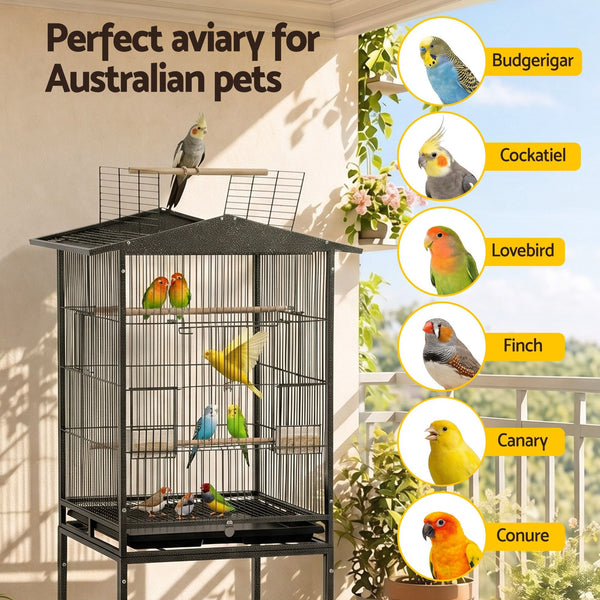 i.Pet 136cm Bird Cage Aviary Open Top Parrot Budgie Stand Wheels Black Awezingly