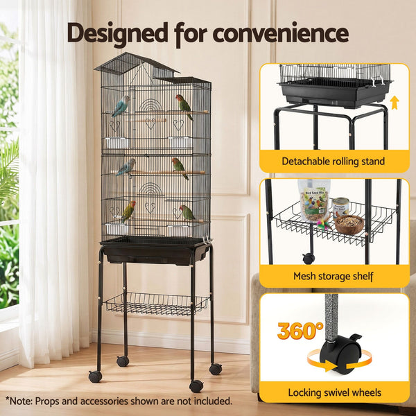 i.Pet 158cm Bird Cage Aviary Parrot Budgie Stand Wheels Black Awezingly