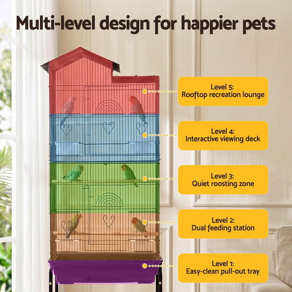 i.Pet 158cm Bird Cage Aviary Parrot Budgie Stand Wheels Black Awezingly