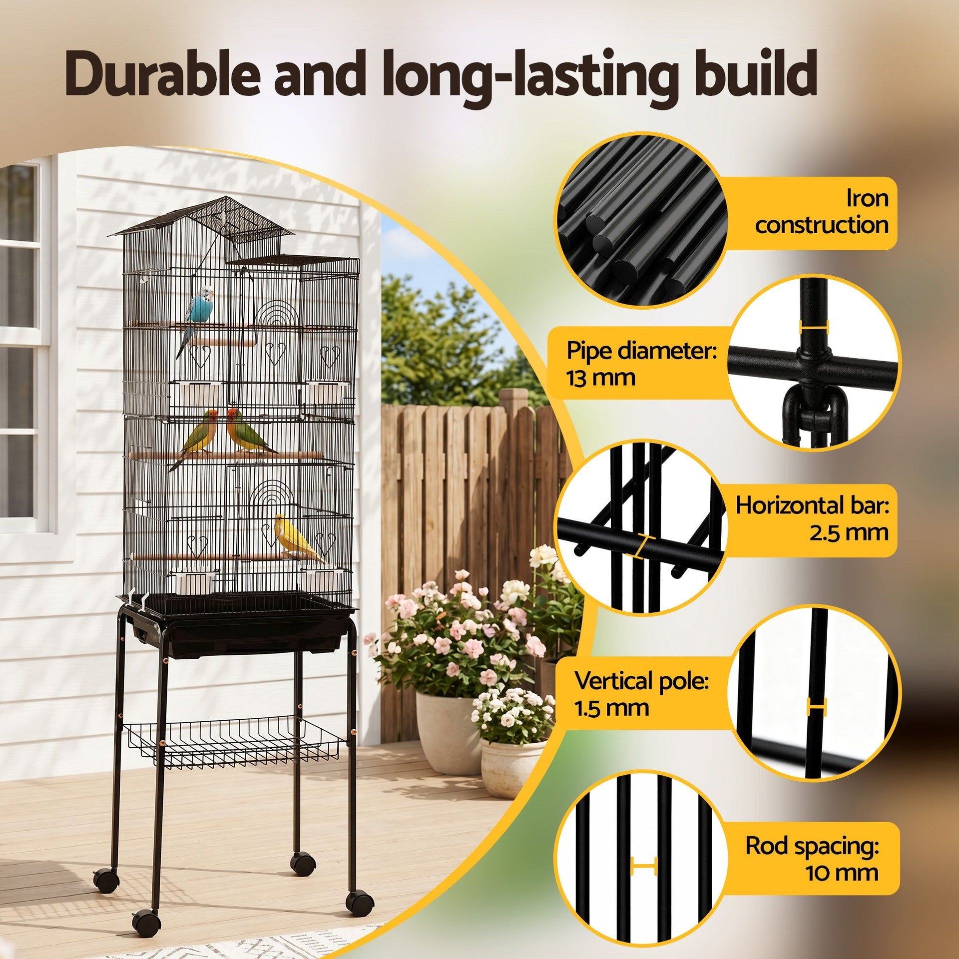 i.Pet 158cm Bird Cage Aviary Parrot Budgie Stand Wheels Black Awezingly