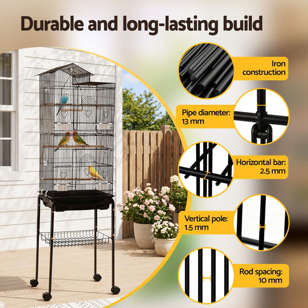 i.Pet 158cm Bird Cage Aviary Parrot Budgie Stand Wheels Black Awezingly